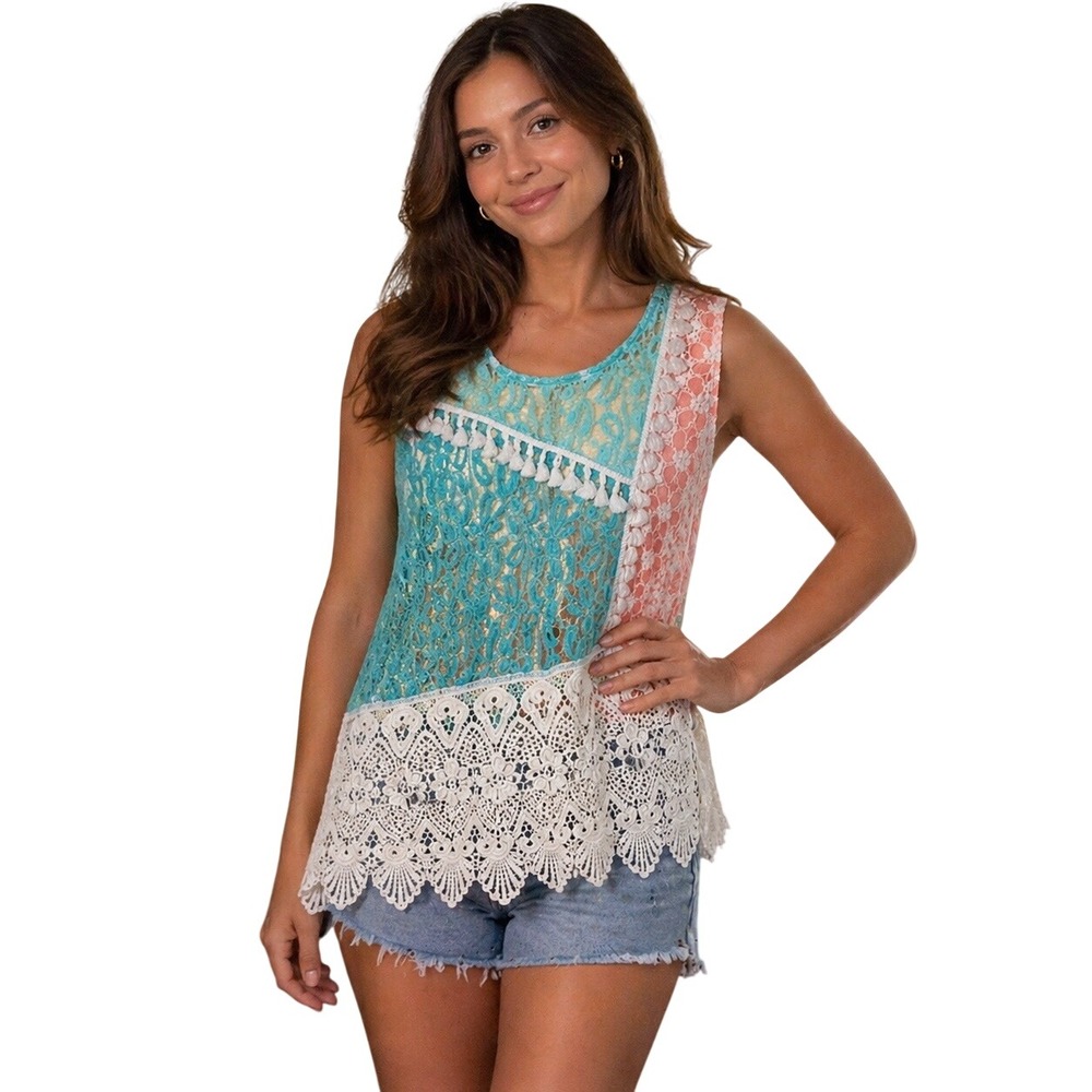 L&B Lace Womens Medium Patchwork Tank Top Teal Coral Crochet Butterfly Tassel